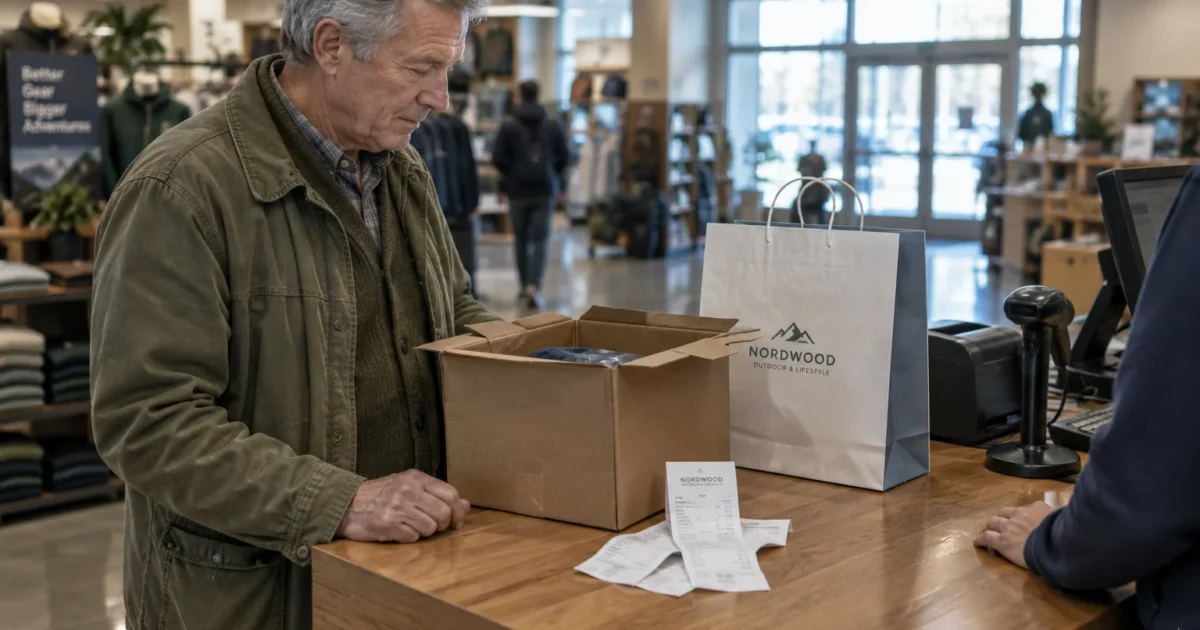 An older man stands at a retail counter with an open cardboard box, receipts, and a shopping bag.