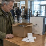 An older man stands at a retail counter with an open cardboard box, receipts, and a shopping bag.