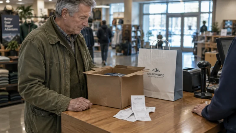 An older man stands at a retail counter with an open cardboard box, receipts, and a shopping bag.