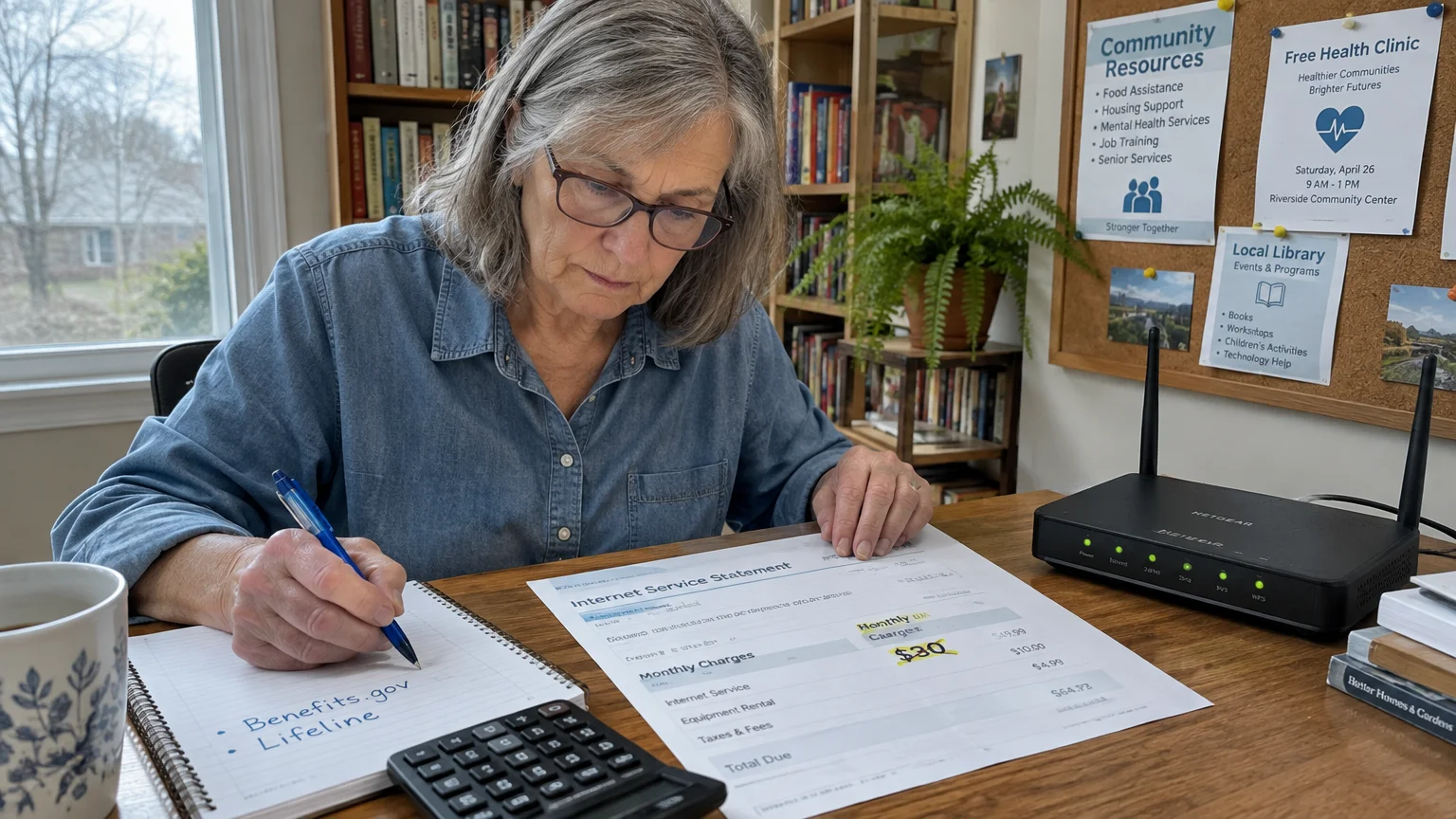 A woman sits at a desk with an internet bill, router, calculator, and notepad listing Benefits.gov and Lifeline.