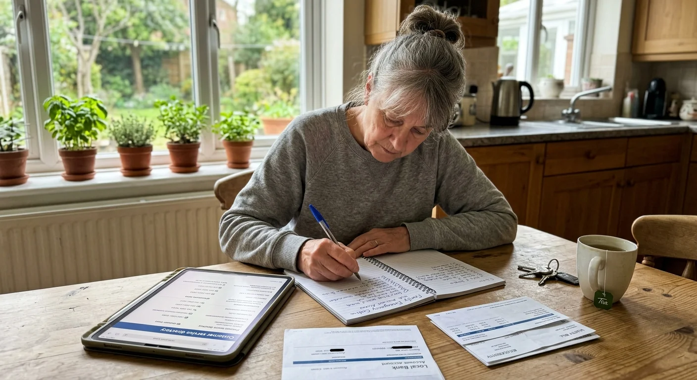 A woman sitting at a wooden kitchen table writing in a notebook near a tablet, bills, keys, and a mug.
