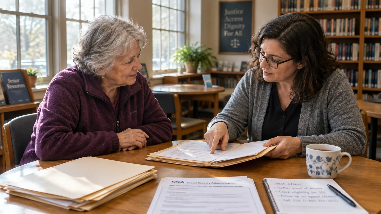 Two women sit at a wooden table in a library reviewing paperwork and Social Security Administration documents together.