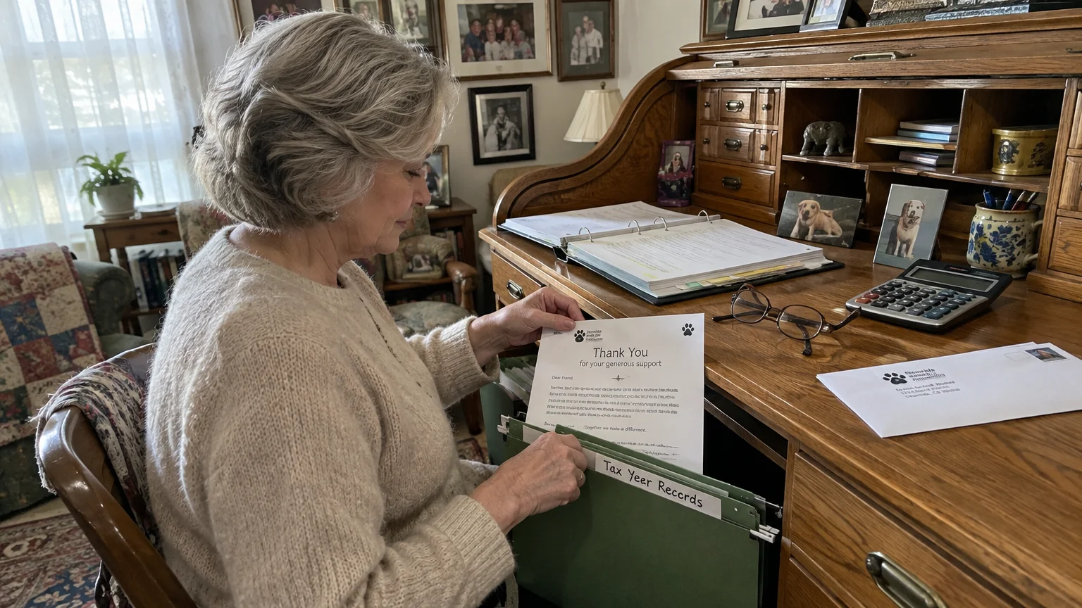 A woman files a charitable donation thank-you letter into a tax records folder at a wooden rolltop desk.