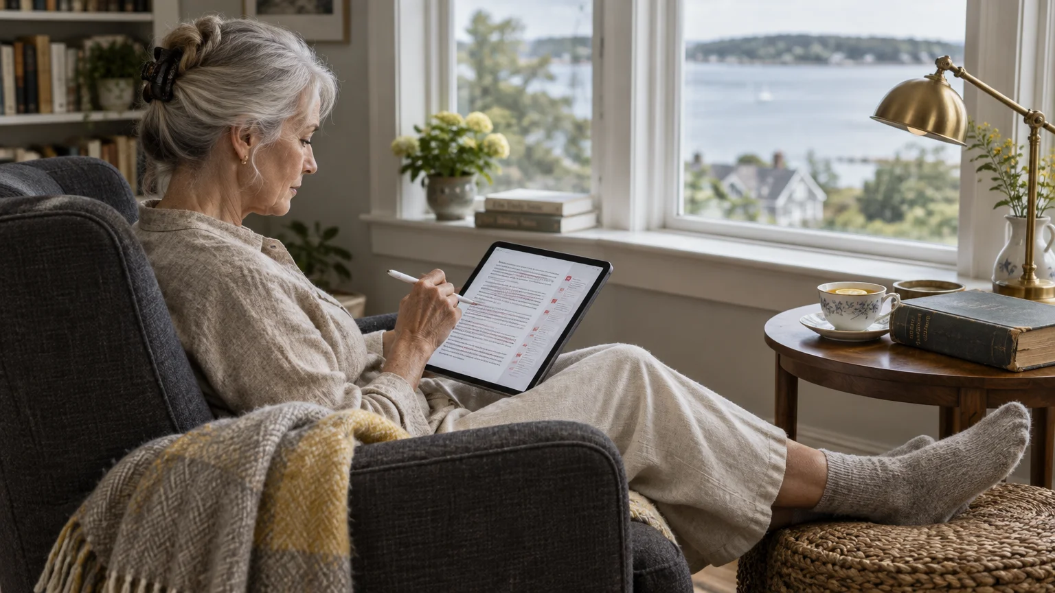 Senior woman sitting in an armchair by a window, editing text on a digital tablet with a stylus.