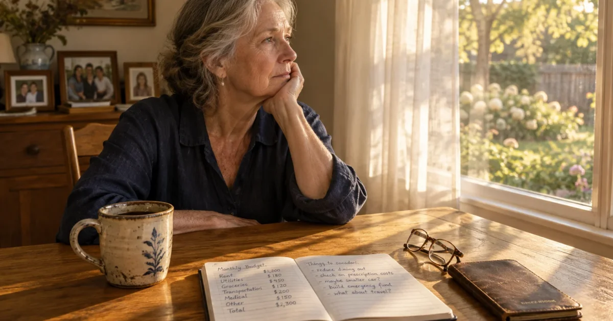 Senior woman resting her chin on her hand beside a handwritten monthly budget notebook and coffee mug by a sunny window.