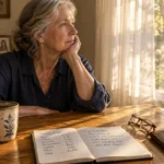Senior woman resting her chin on her hand beside a handwritten monthly budget notebook and coffee mug by a sunny window.