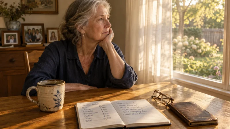 Senior woman resting her chin on her hand beside a handwritten monthly budget notebook and coffee mug by a sunny window.