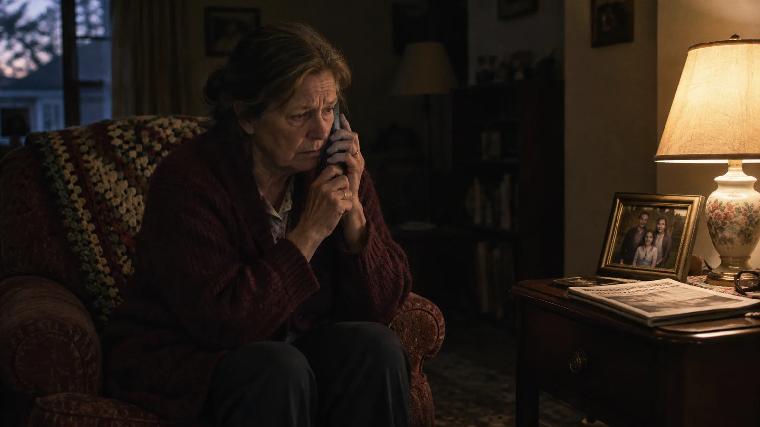 An older woman sits in an armchair talking on a cell phone beside a lit lamp and a framed family photo.