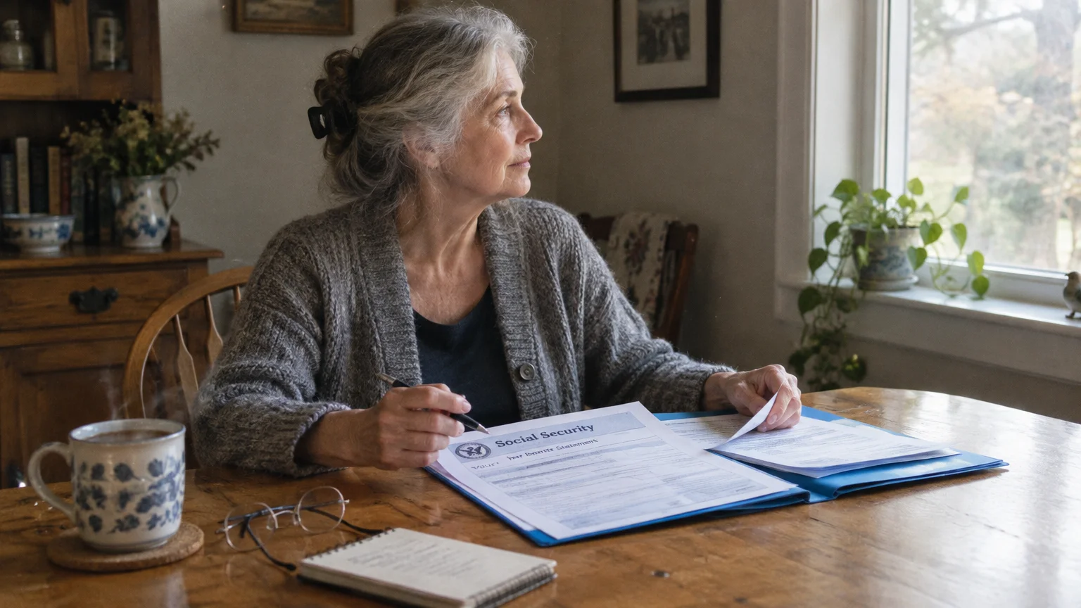 A senior woman sits at a wooden table with Social Security paperwork, looking thoughtfully out a window.