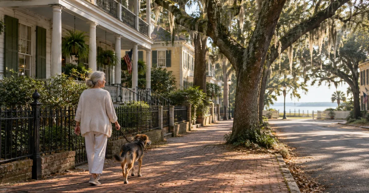 A senior woman walks a dog down a brick sidewalk lined with historic Southern houses and moss-draped oak trees.