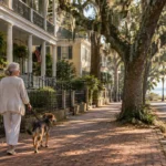 A senior woman walks a dog down a brick sidewalk lined with historic Southern houses and moss-draped oak trees.