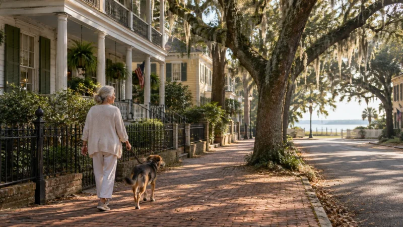 A senior woman walks a dog down a brick sidewalk lined with historic Southern houses and moss-draped oak trees.