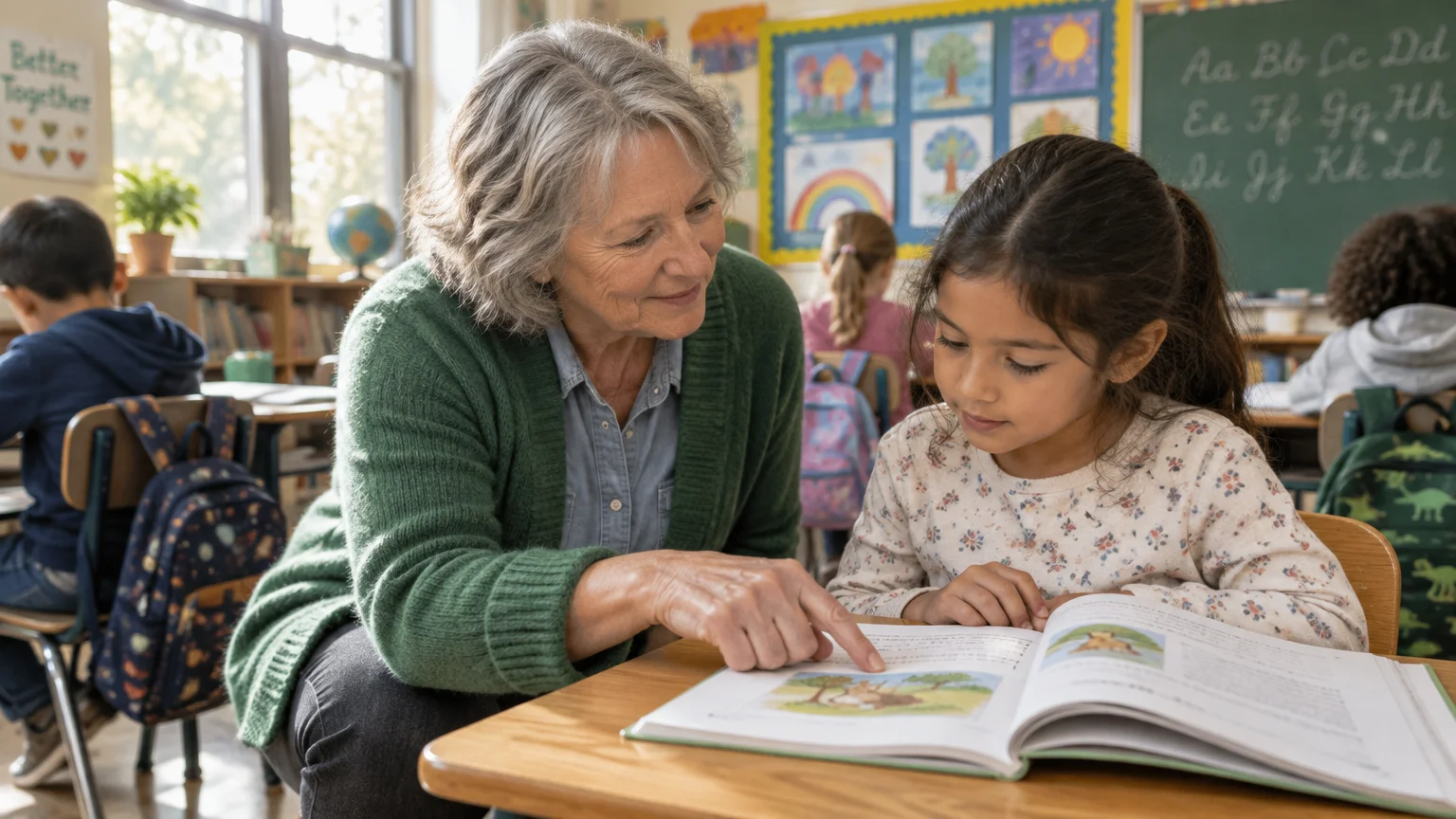 Older female teacher kneeling beside a young girl's desk, pointing to a reading textbook in an elementary classroom.