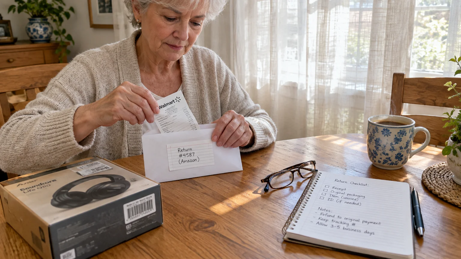 Woman sitting at a wooden table putting a receipt into an envelope next to boxed headphones and a checklist.