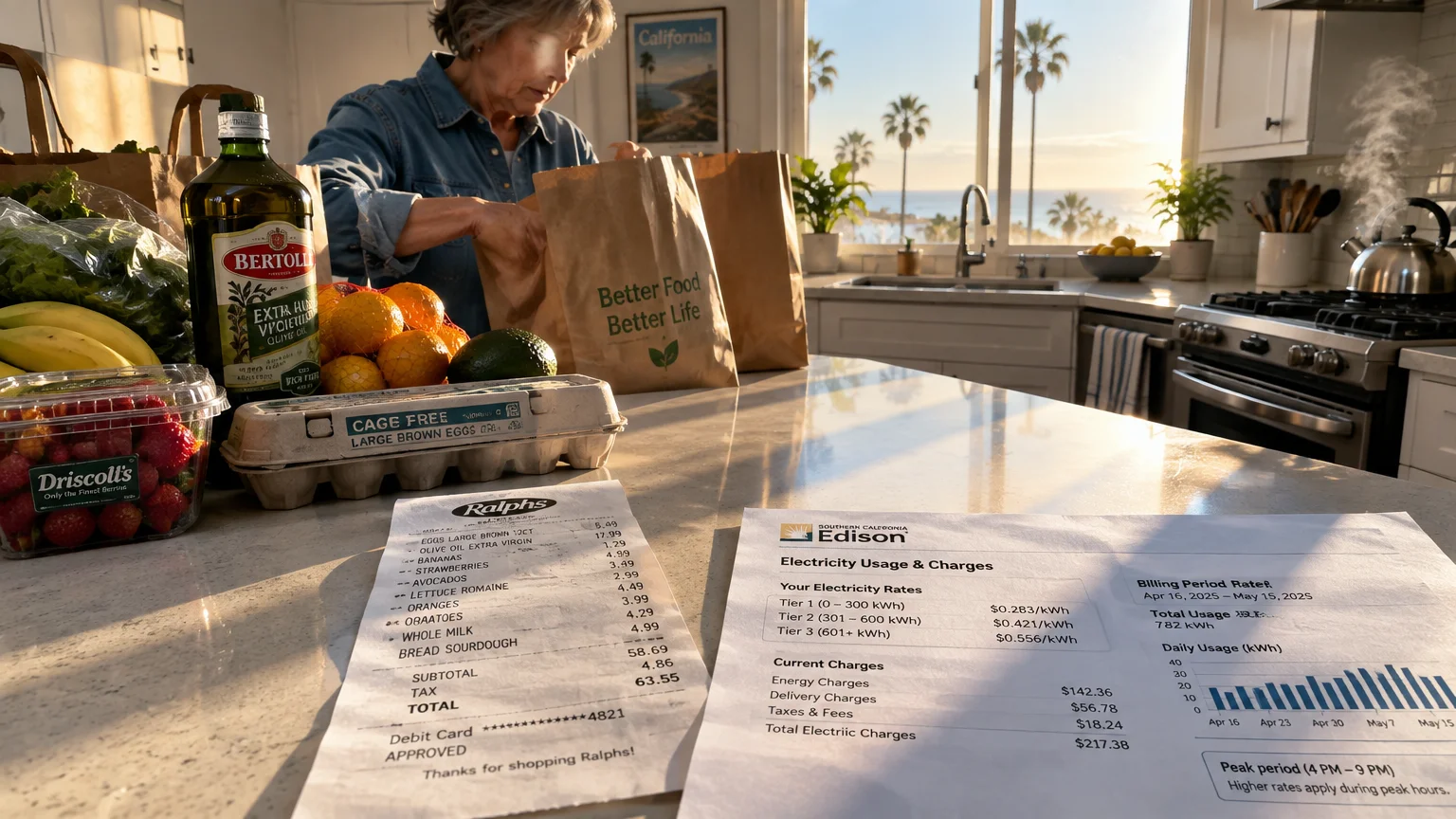 A woman unpacks groceries on a sunlit kitchen counter beside a grocery receipt and an electricity utility bill.