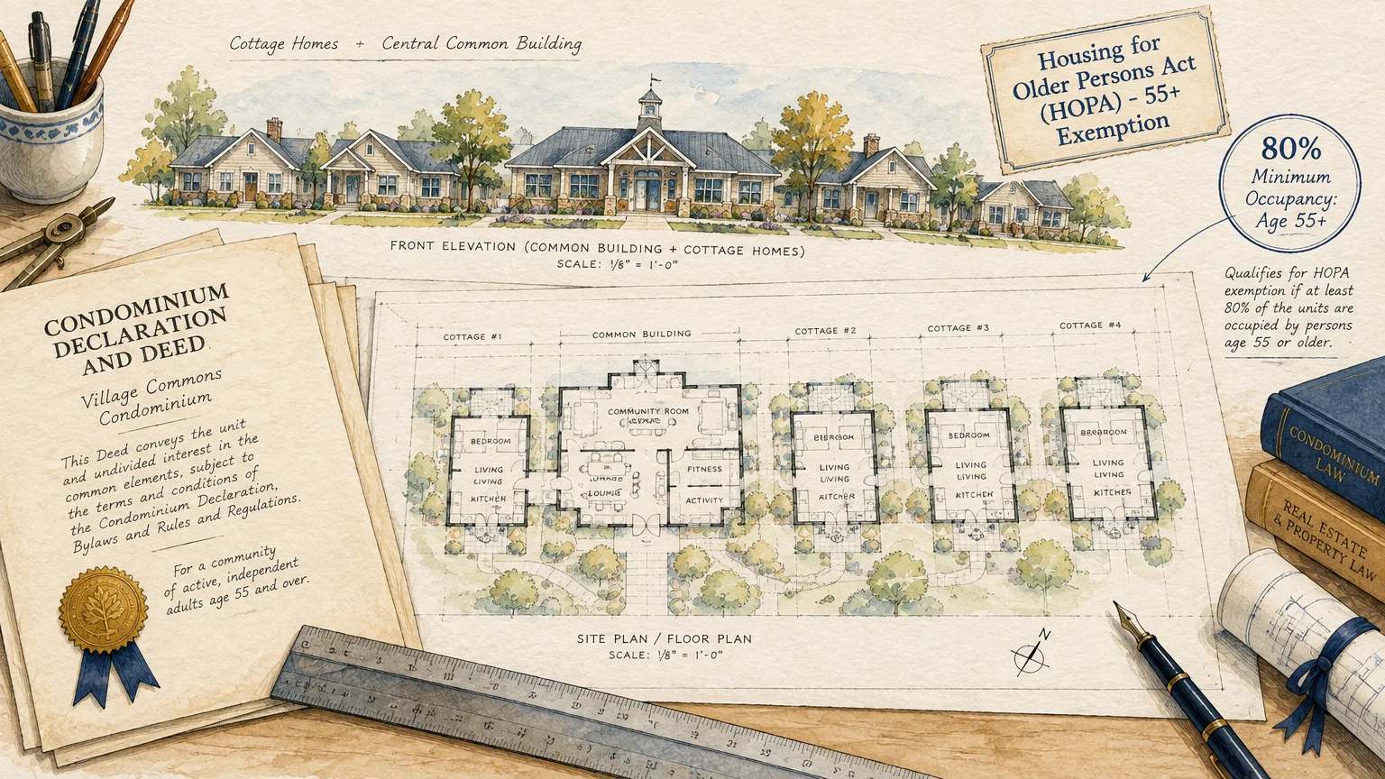 Architectural illustration of cottage homes, a floor plan, condominium deeds, and law books on a desk.