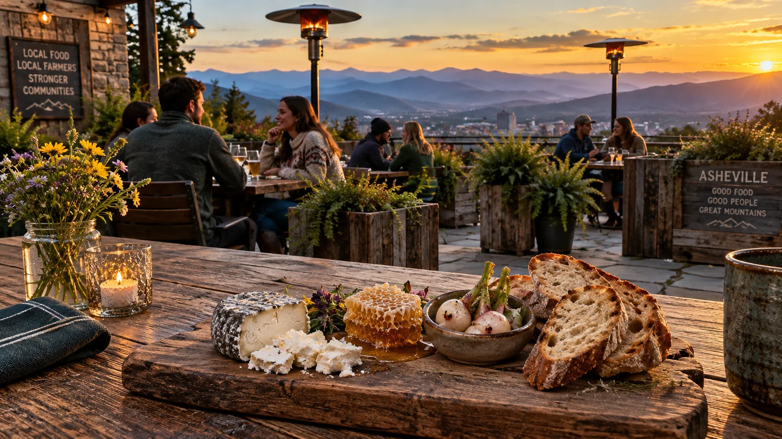 Cheese, honeycomb, and bread on a wooden board at an outdoor patio overlooking dining patrons and sunset mountain views.
