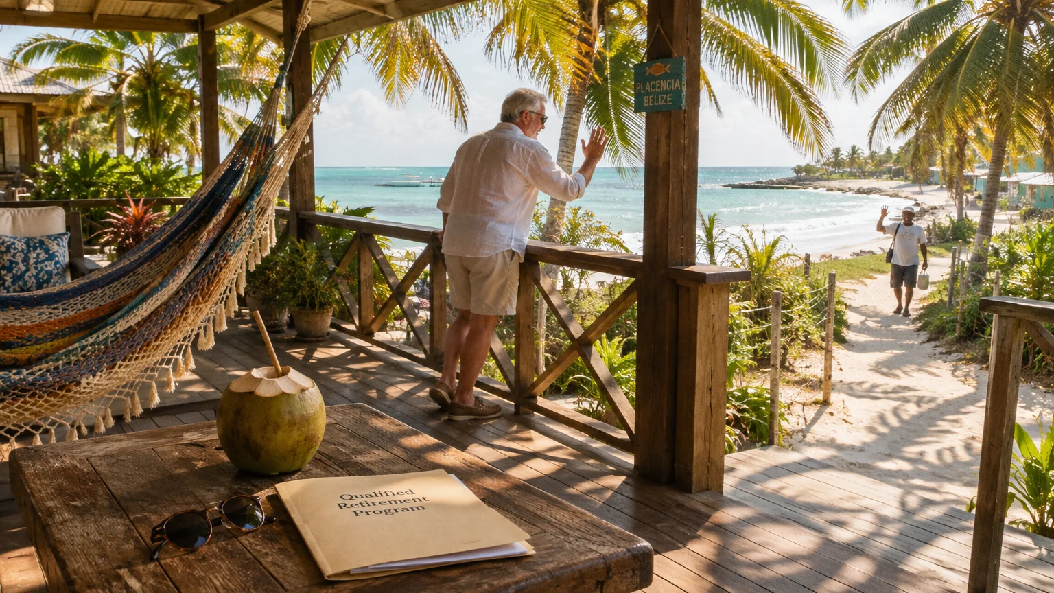 A man on a wooden beach porch waves toward the ocean near palm trees, with a Qualified Retirement Program folder on a table.