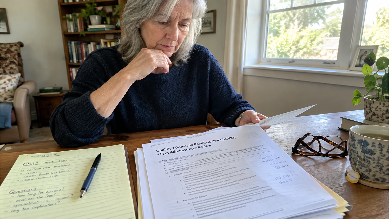 A woman reviews a Qualified Domestic Relations Order document at a wooden table with notes and eyeglasses nearby.
