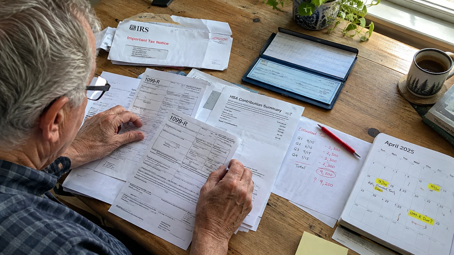 An older man reviews tax forms, an IRS letter, and a calendar of estimated payment dates at a wooden desk.