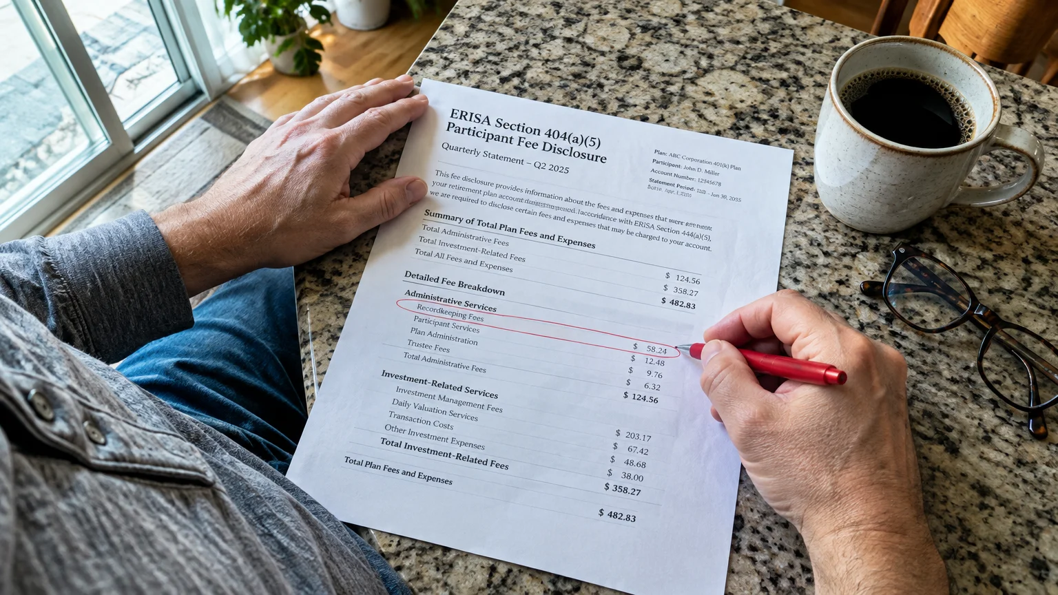 Person holding a pen and circling recordkeeping fees on an ERISA Section 404(a)(5) fee disclosure statement on a table.