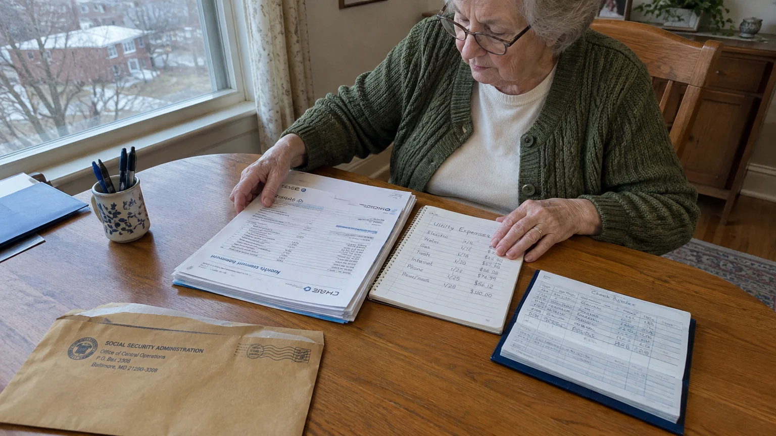 An older woman reviews bank statements, utility expenses, and a check register next to an official Social Security envelope.