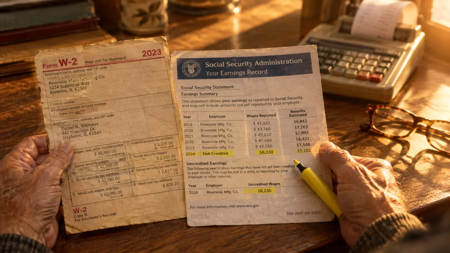 A person holding a 2023 W-2 form next to a Social Security earnings statement with highlighted uncredited wages on a desk.