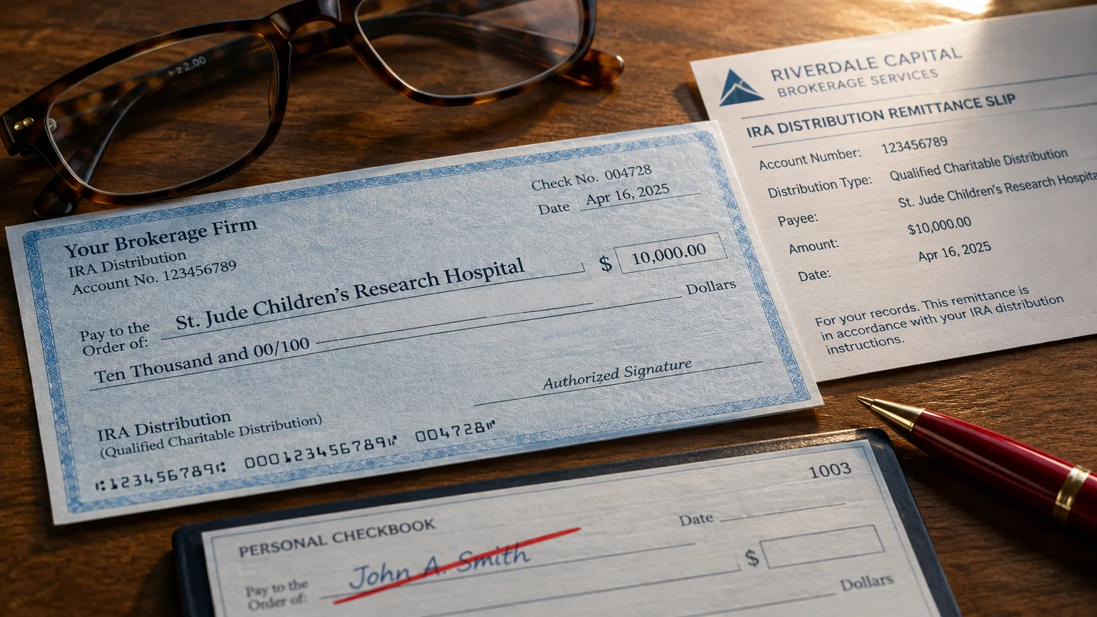 A brokerage IRA distribution check payable to a charity next to an IRA remittance slip, glasses, and a crossed-out check.