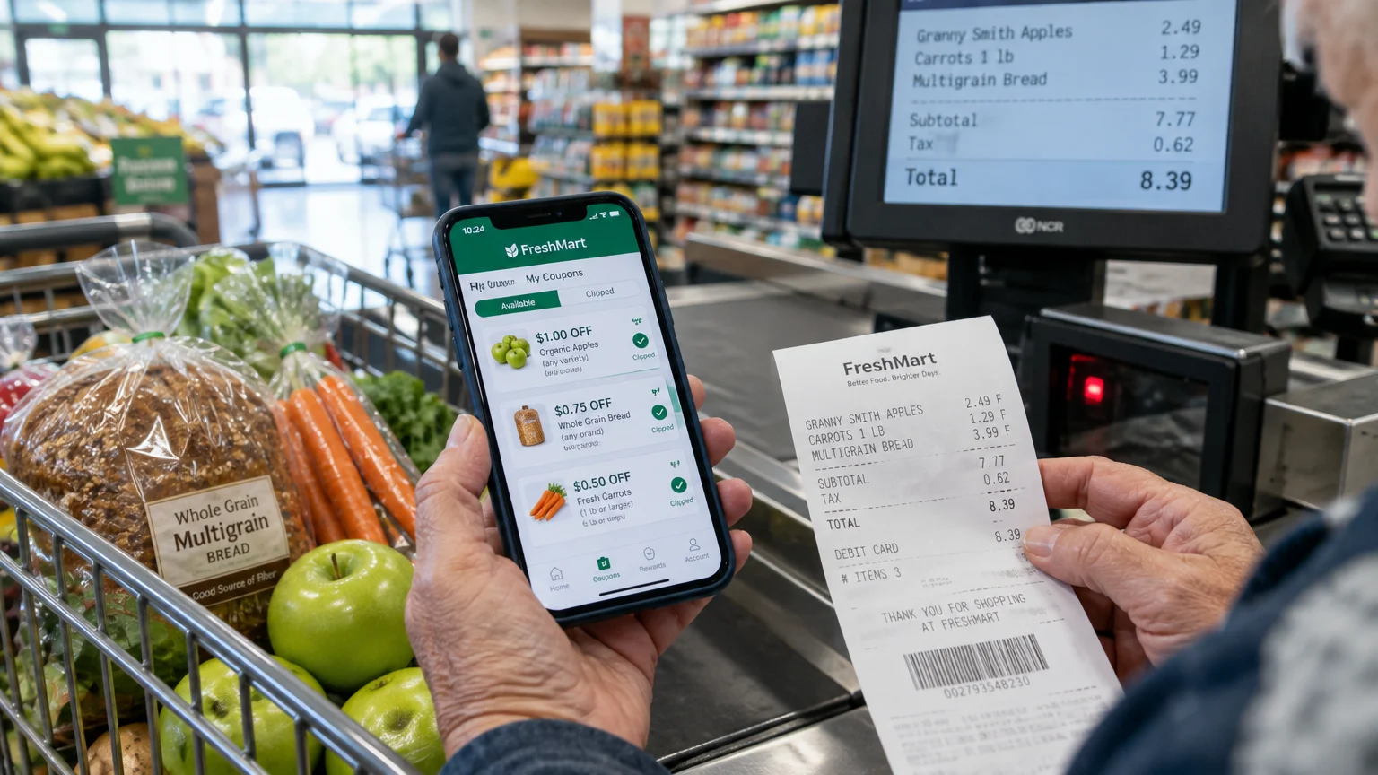 A shopper holding a smartphone showing clipped grocery coupons next to a store receipt and checkout monitor.