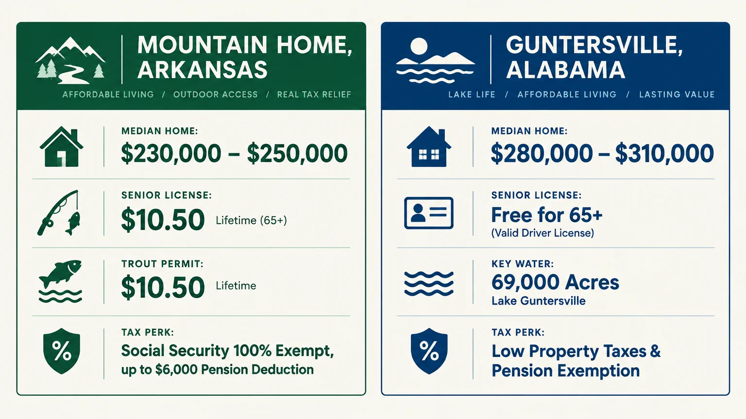 Side-by-side comparison graphic of costs, senior licenses, and tax perks for Mountain Home, Arkansas, and Guntersville, Alabama.