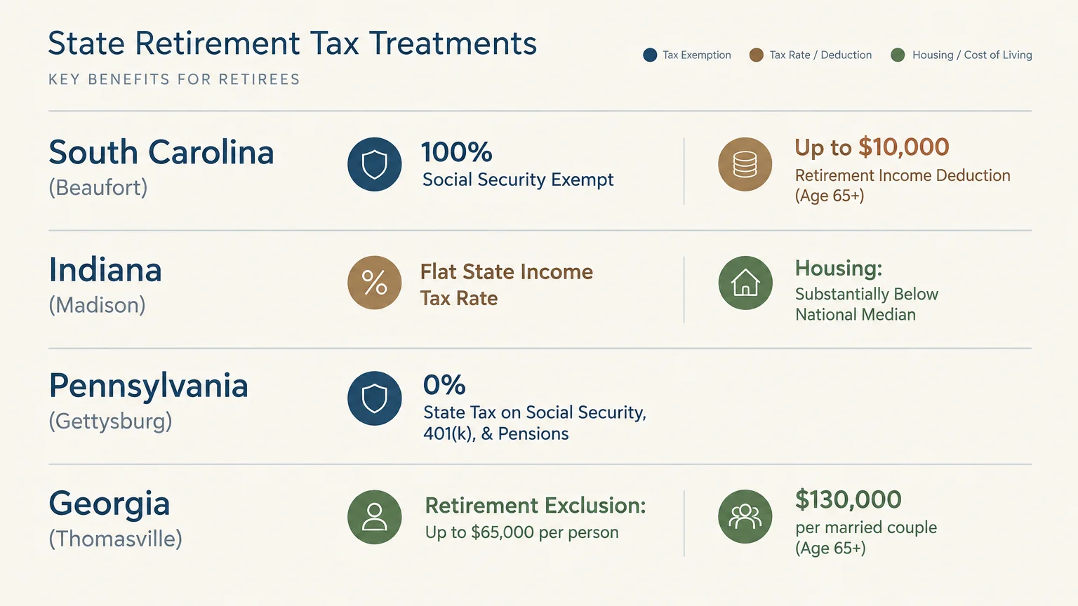Chart detailing state retirement tax treatments and deductions for South Carolina, Indiana, Pennsylvania, and Georgia.