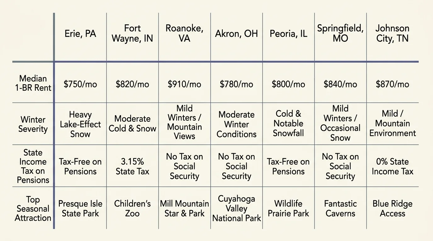 Comparison table listing seven cities with median rent, winter severity, state taxes, and top seasonal attractions.