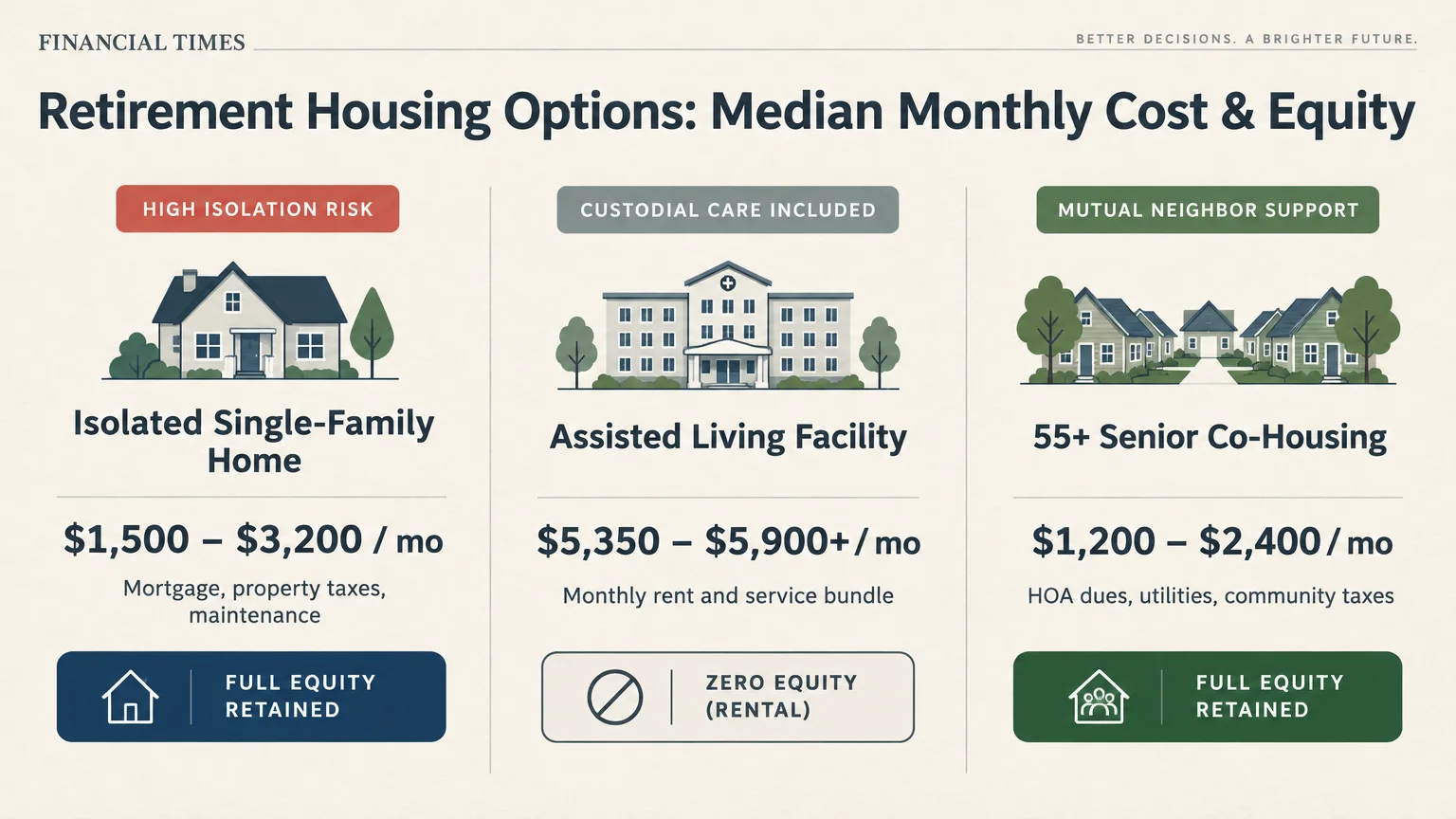 Diagram comparing monthly costs, equity retention, and care structures across three retirement housing options.