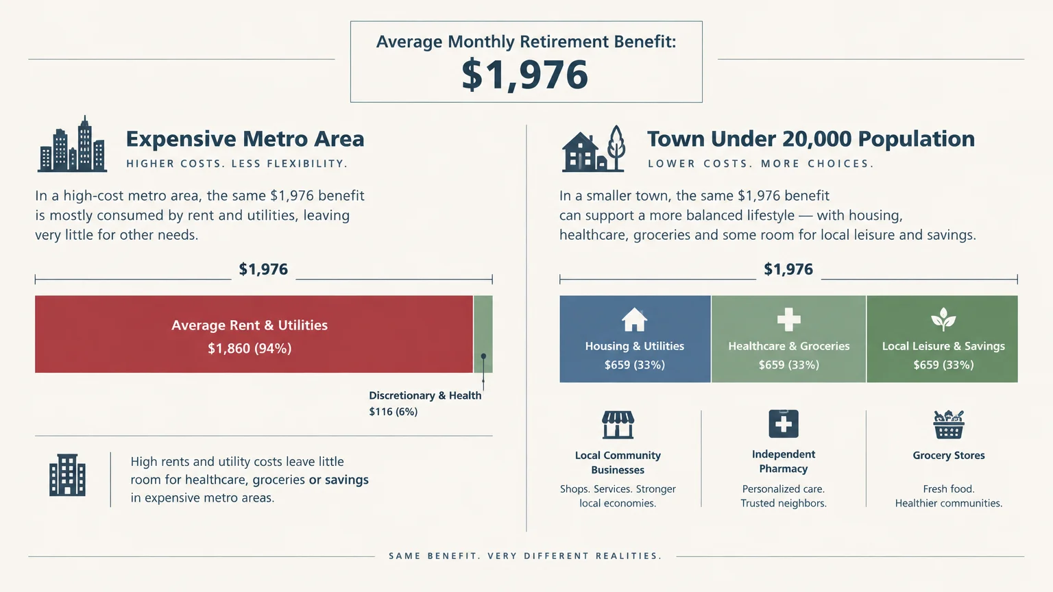 Diagram comparing how a $1,976 monthly retirement benefit is spent in an expensive metro area versus a small town.