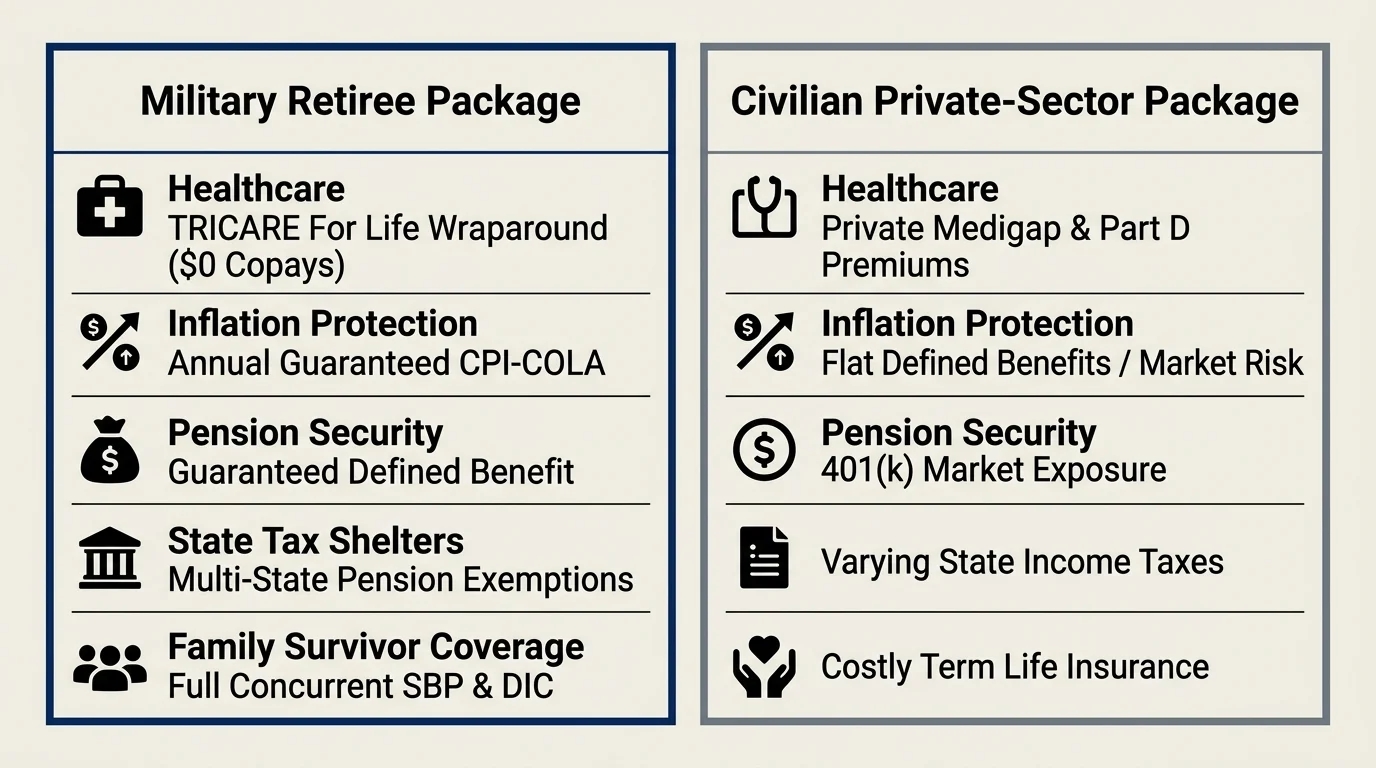 Side-by-side comparison chart contrasting military retiree benefits with civilian private-sector packages across five areas.