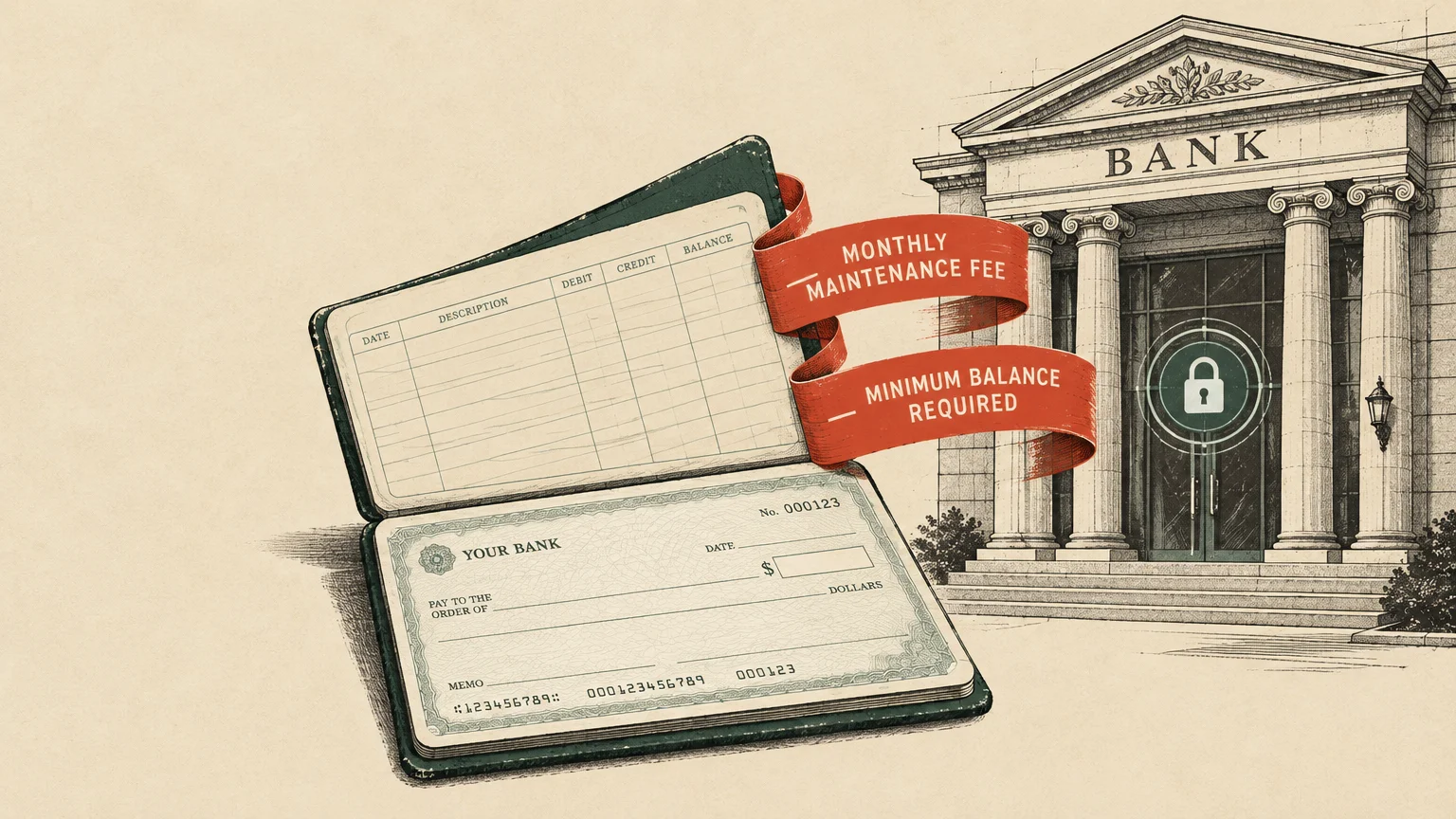 Illustration of an open checkbook wrapped in red ribbons reading monthly maintenance fee, beside a classical bank building.