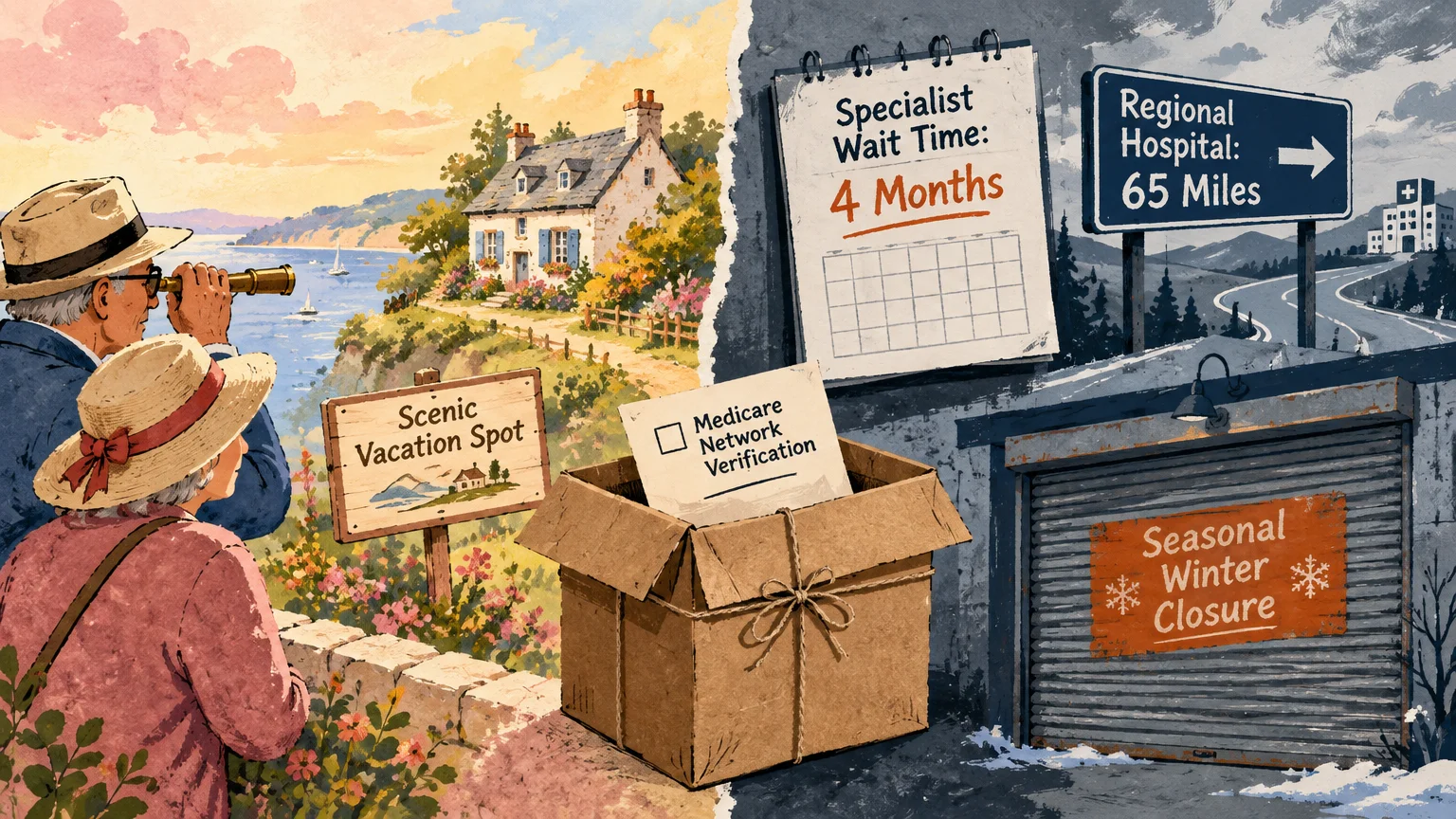 Split illustration contrasting an idyllic coastal town with medical wait times, distant hospitals, and closed storefronts.