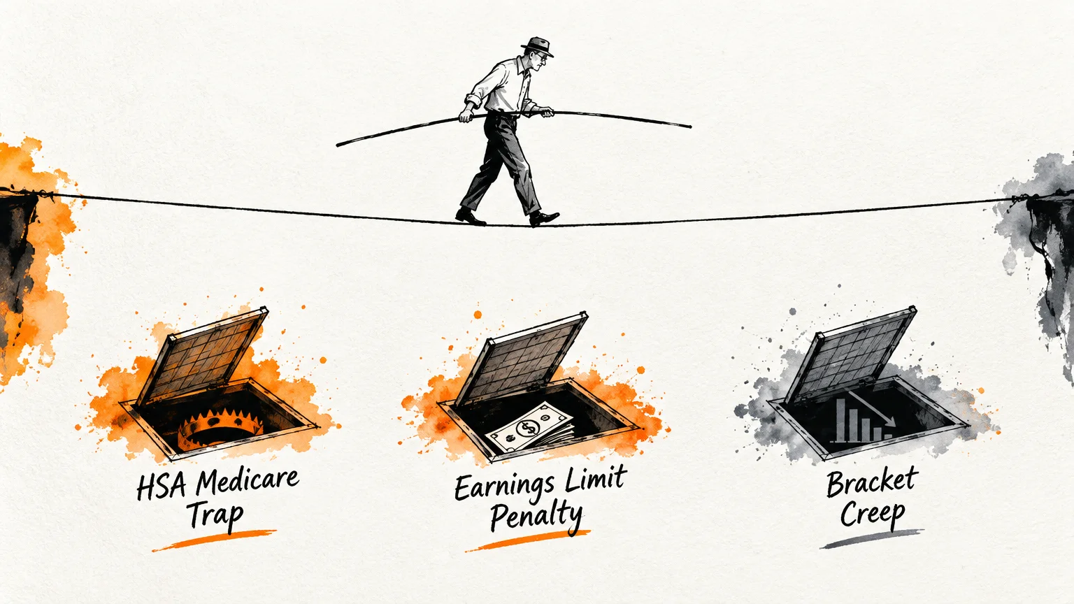 Illustration of a tightrope walker balancing above open trapdoors labeled HSA Medicare Trap, Earnings Limit Penalty, and Bracket Creep.