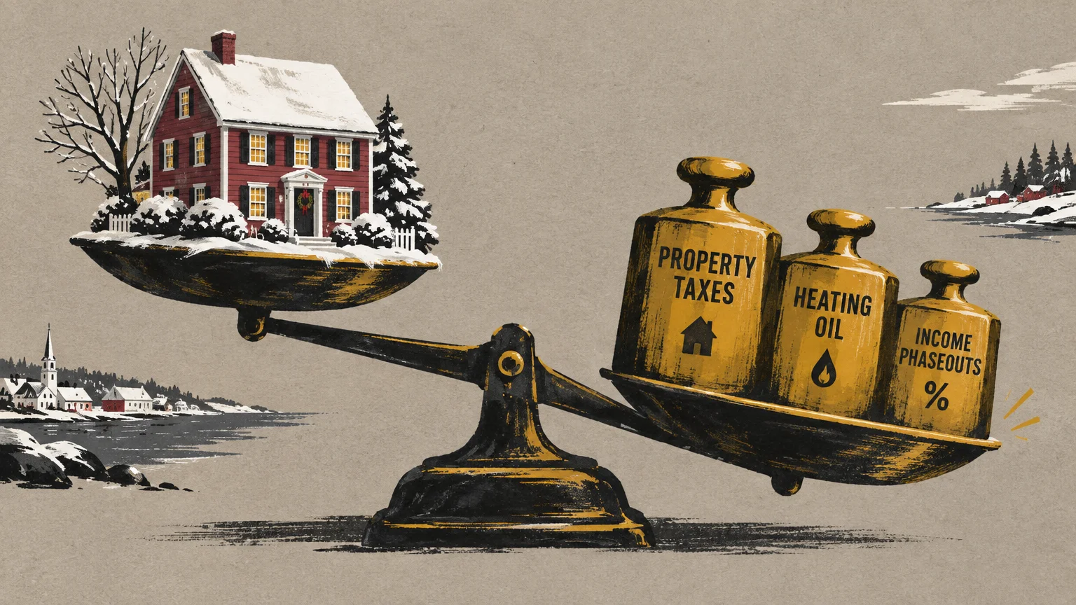 Balance scale weighing a snow-covered New England home against brass weights labeled property taxes, heating oil, and phaseouts.