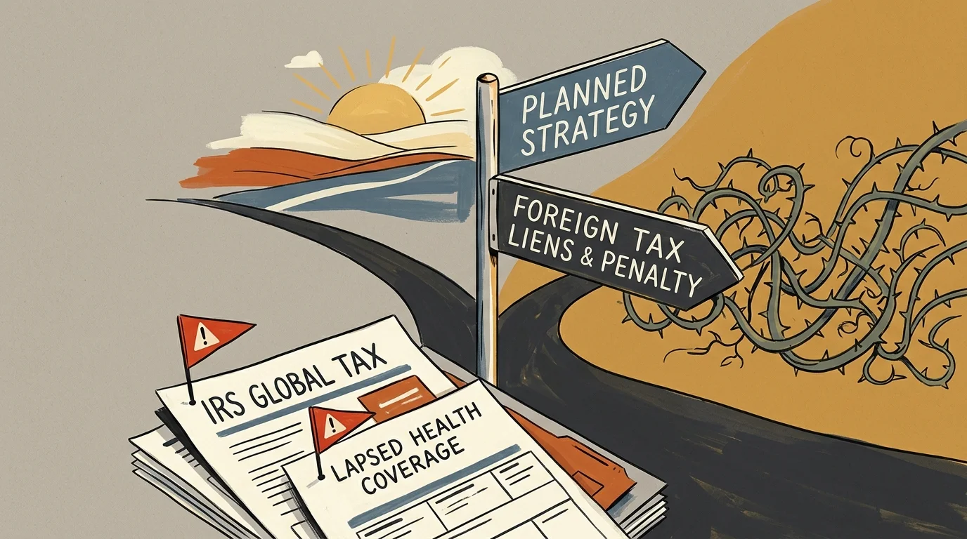 Illustration of a fork in the road with signs pointing toward planned strategy versus foreign tax liens and penalties.