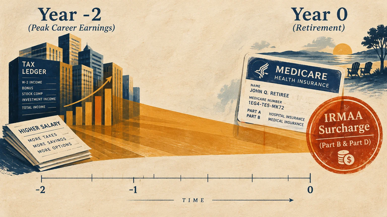 Graphic timeline linking peak career earnings at Year -2 to a Medicare card and IRMAA surcharge stamp at Year 0.