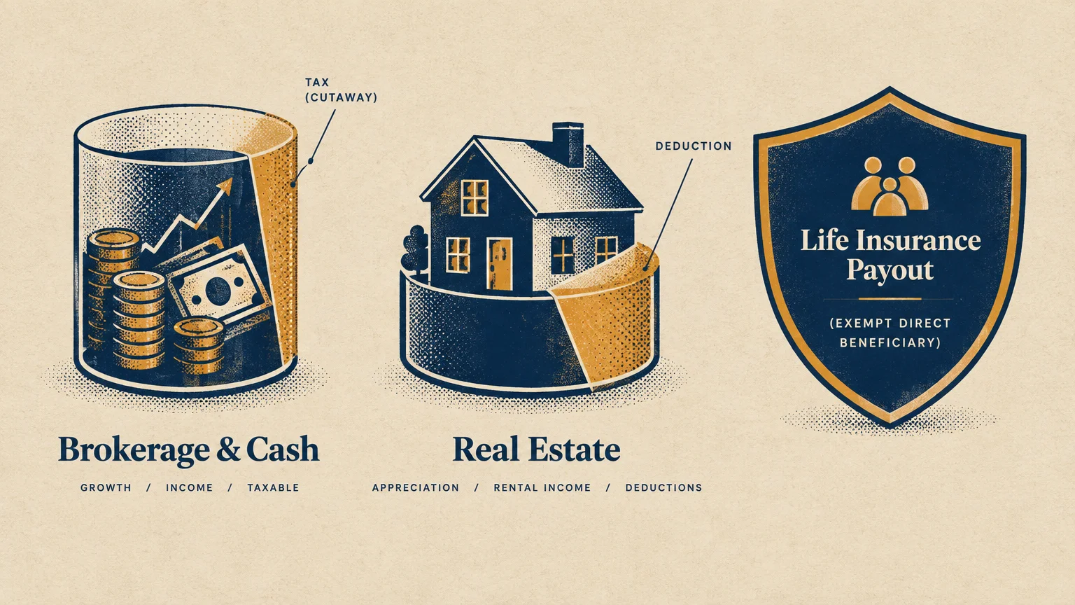 Graphic comparing brokerage cash, real estate with deductions, and an exempt life insurance payout shield.
