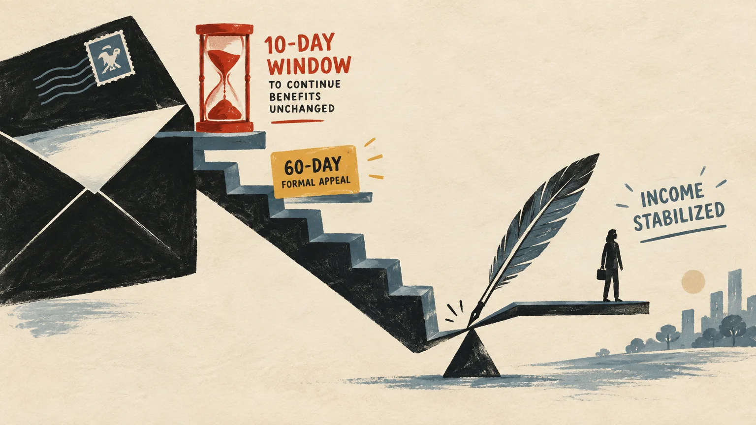 Illustration of stairs descending from a mailed envelope to a lever balanced by a quill pen, supporting a standing woman.