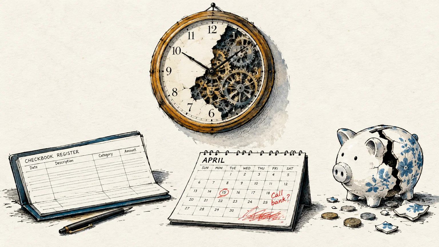 Illustration of a broken clock, an open checkbook register, a desk calendar, and a cracked porcelain piggy bank.