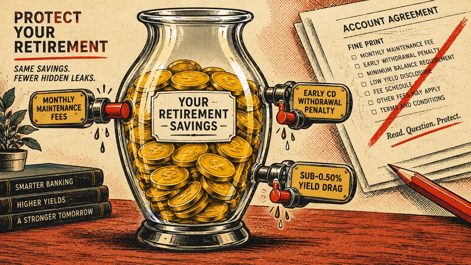 A glass jar of coins with leaking valves sits beside a pencil and an account agreement paper checklist.