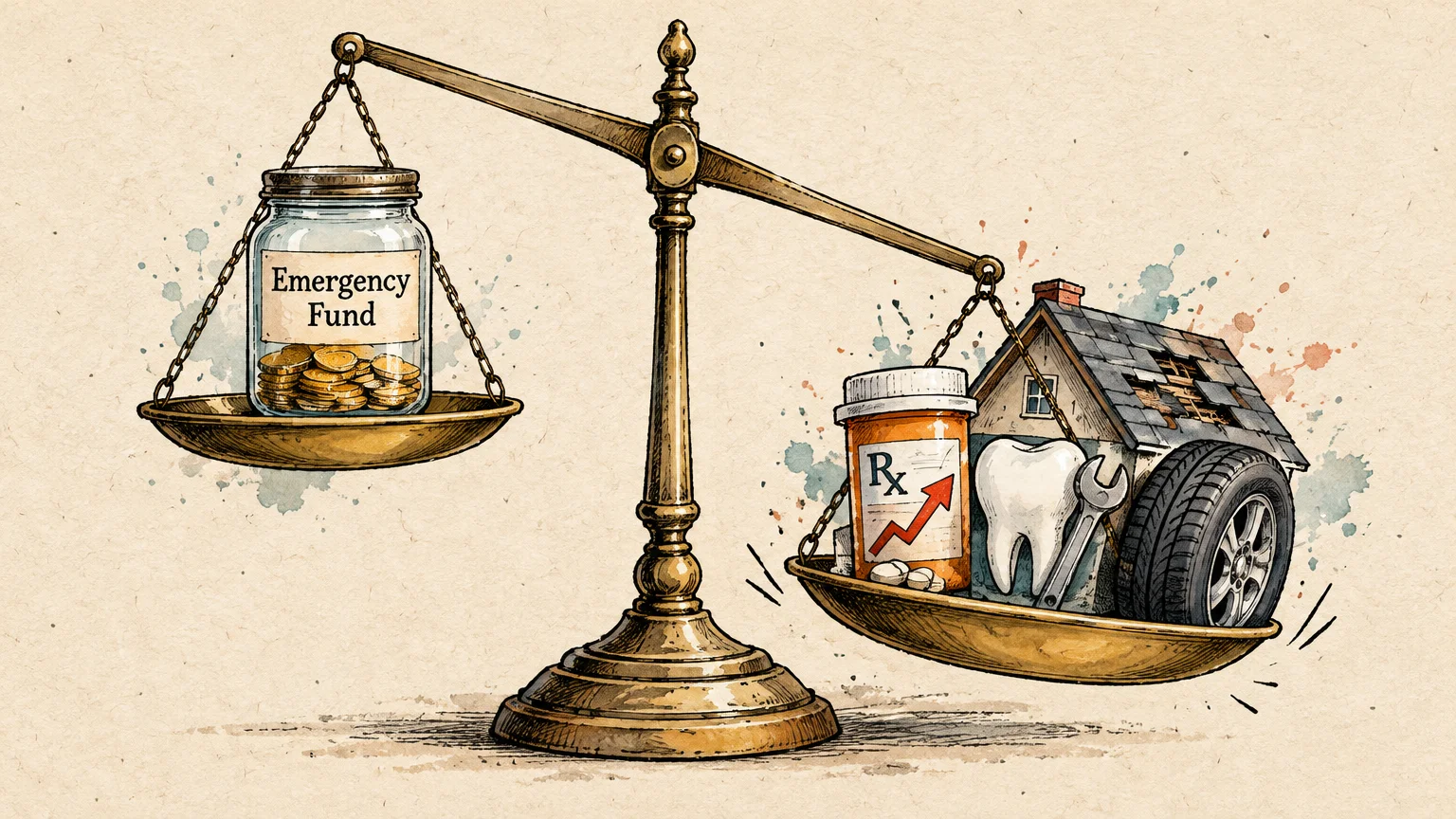 Brass balance scale tipping downward toward rising expenses like medical pills and home repairs against an emergency fund jar.