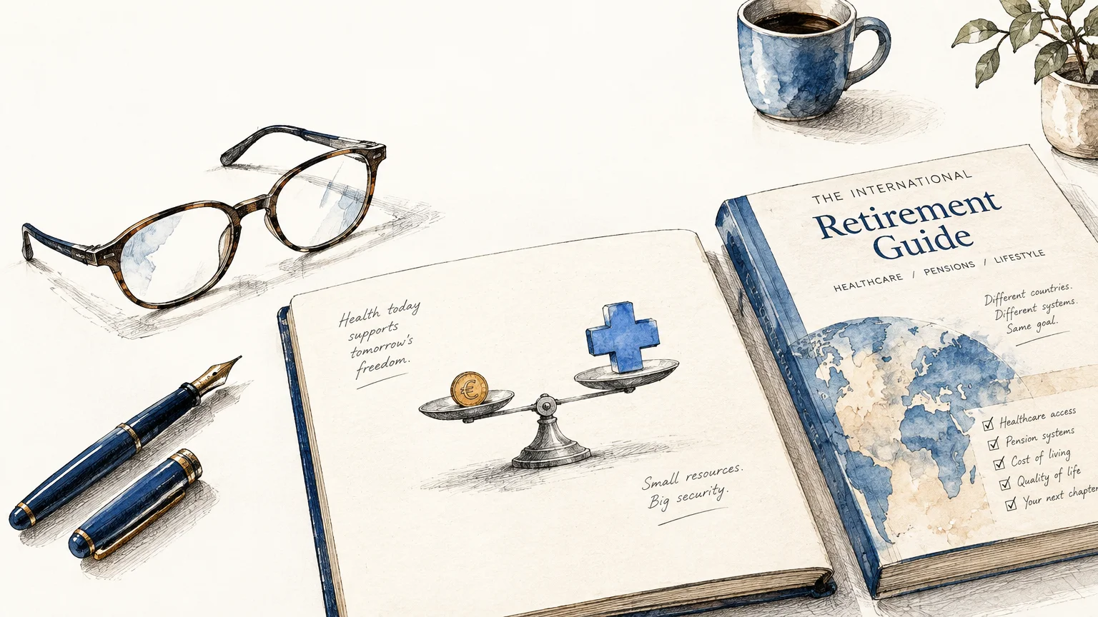 Illustration of eyeglasses, a fountain pen, and an open notebook beside an international retirement guide book on a desk.