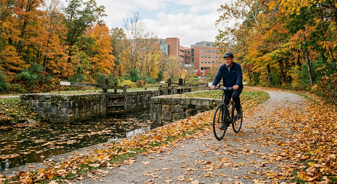 A man rides a bicycle along a leaf-covered path beside a canal lock framed by autumn foliage and brick buildings.