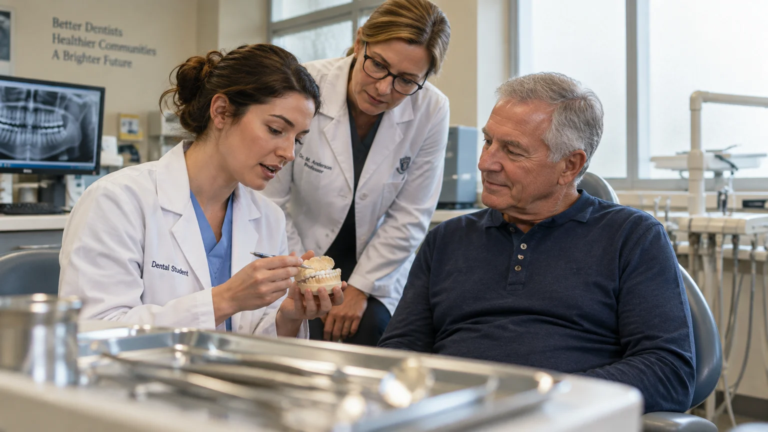 A dental student and supervising professor show a senior patient a dental model in a clinic.