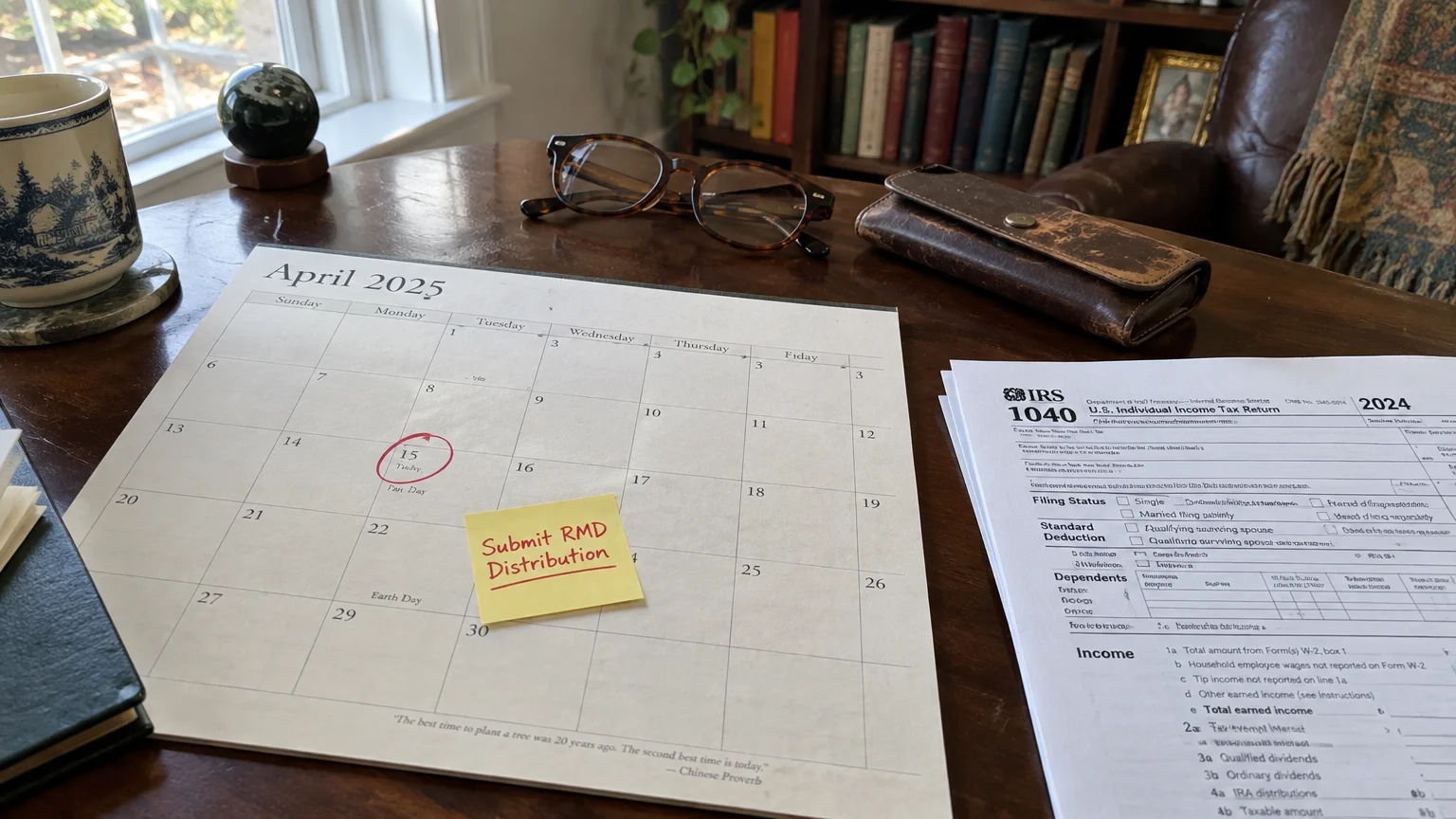 Desk with an April 2025 calendar marked with a sticky note reading Submit RMD Distribution, glasses, and an IRS 1040 form.